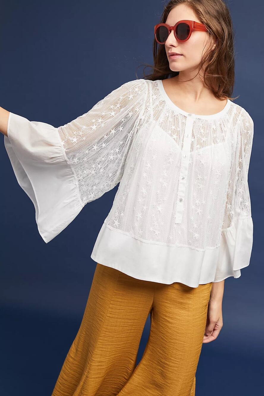 Anthropologie Akemi + Kin Henley Mesh Kimono Top Size M in White